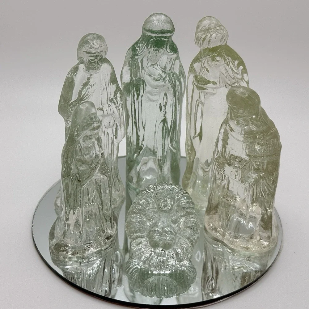 Vintage Windsor Collection Clear Glass Nativity‎ Set 6 Piece With Mirror Base